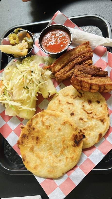 Desayuno Oriental — pupusas, chicharrón, yuca and curtido